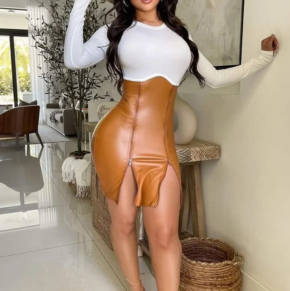 Dresses | Tan And With Faux Leather Zippered Dress Size M | Poshmark Dresses | Tan And With Faux Leather Zippered Dress Size M | Poshmark